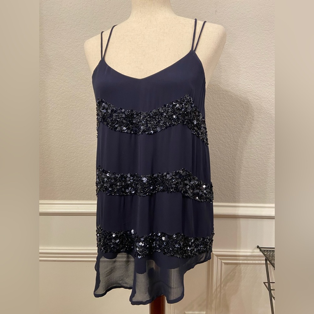 Willow & Clay Navy Blue Sheer Lined Sequin Strappy Tank Blouse Size XS